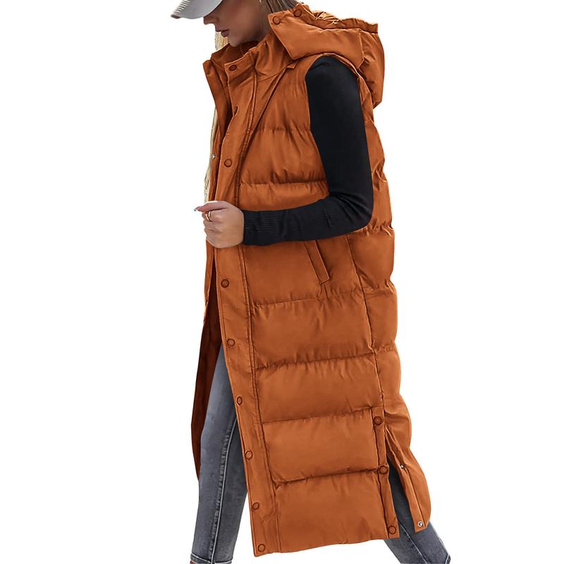Gilet long matelassé pour femme avec capuche matelassée et fermeture boutonnée pour manteau d'hiver 2025 - Hauts, Vêtements pour femmes