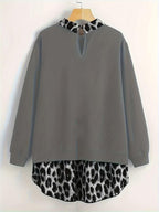 [Grande Taille] Sweat-shirt léopard à ourlet incurvé, sweat-shirt décontracté à manches longues pour l'automne et l'hiver, vêtements pour femmes pour un usage quotidien