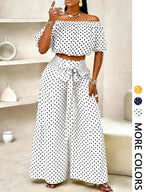 Ensemble pantalon femme couleur unie à jambes larges, haut décontracté à épaules dénudées et pantalon palazzo pour l'été, tenue de vacances à la plage pour femme.