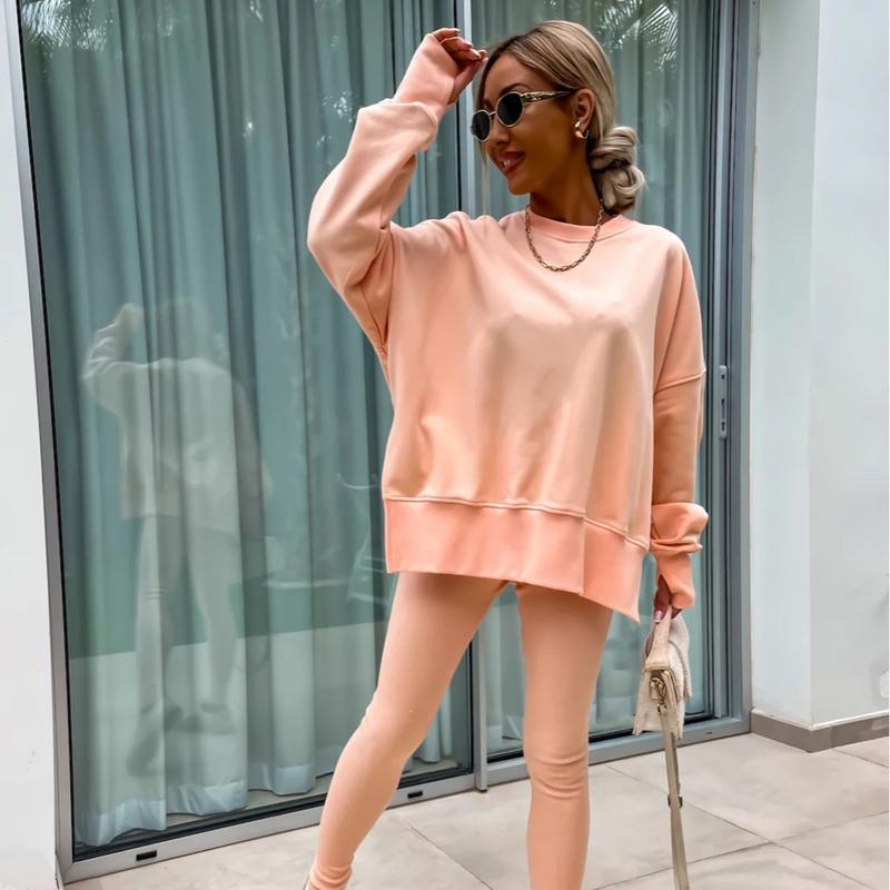 Ensemble deux pièces oversize pour femme - Sweat-shirt à ourlet fendu et pantalon skinny, pull décontracté à col rond et manches longues, vêtements pour femme pour l'automne et costumes d'hiver basiques, Gamis pour femme