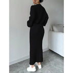 Set due pezzi da donna, maglione e gonna lunga a tinta unita con bottoni, top casual a maniche lunghe con spalle scese in maglia e gonna a vita alta per l'uso quotidiano all'aperto, maglieria da donna per l'autunno e l'inverno