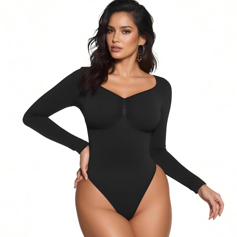 Body gainant sans couture pour femme – Body à manches longues et col en V, coupe ajustée, léger et sculptant, parfait pour les superpositions et le quotidien, compression légère
