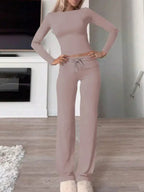 Completo da Casa da Donna Tinta Unita con Arricciature e Coulisse, Top Casual a Maniche Lunghe con Scollo Rotondo e Pantaloni a Gamba Larga con Tasche, Pigiama da Donna per Tutte le Stagioni