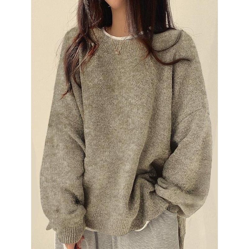 Pull femme à épaules tombantes et ourlet fendu, Pull décontracté à manches longues et col rond, Haut tricoté pour femme pour l'automne et l'hiver, Pulls pour femme