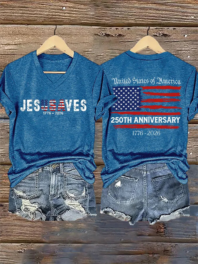 T-shirt con stampa scollo a V retrò "Gesù salva l'America" 250° anniversario 1776-2026