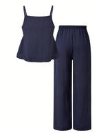 Completo da due pezzi da donna tinta unita: top con spalline sottili e pantaloni a gamba larga