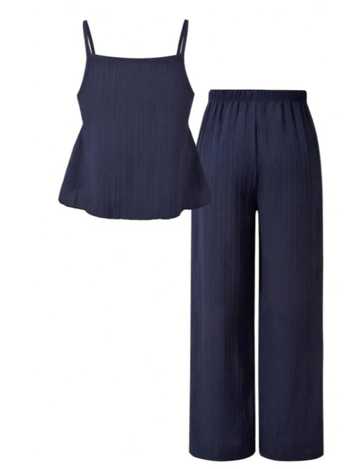 Completo da due pezzi da donna tinta unita: top con spalline sottili e pantaloni a gamba larga