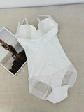 Body string gainant pour femme, couleur unie, maille contrastante transparente, bretelles réglables, contrôle du ventre, pour toutes les saisons