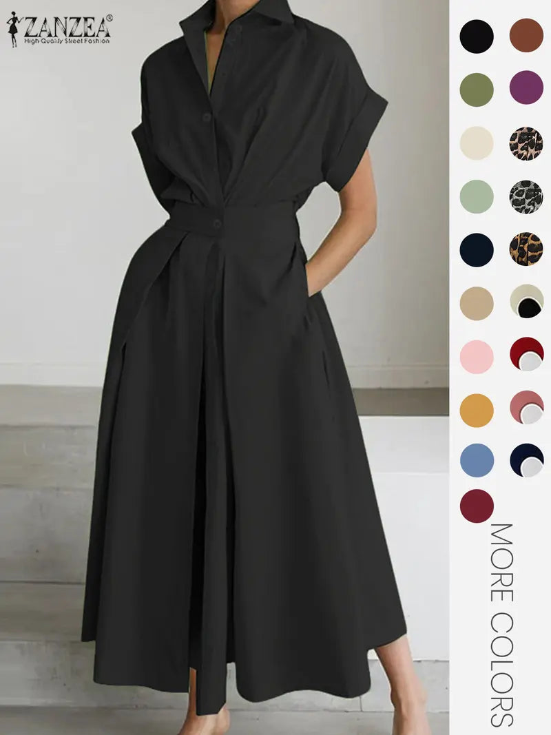 Robe unie à col pour femme, robe décontractée à manches courtes pour l'été, vêtements pour femmes pour le quotidien