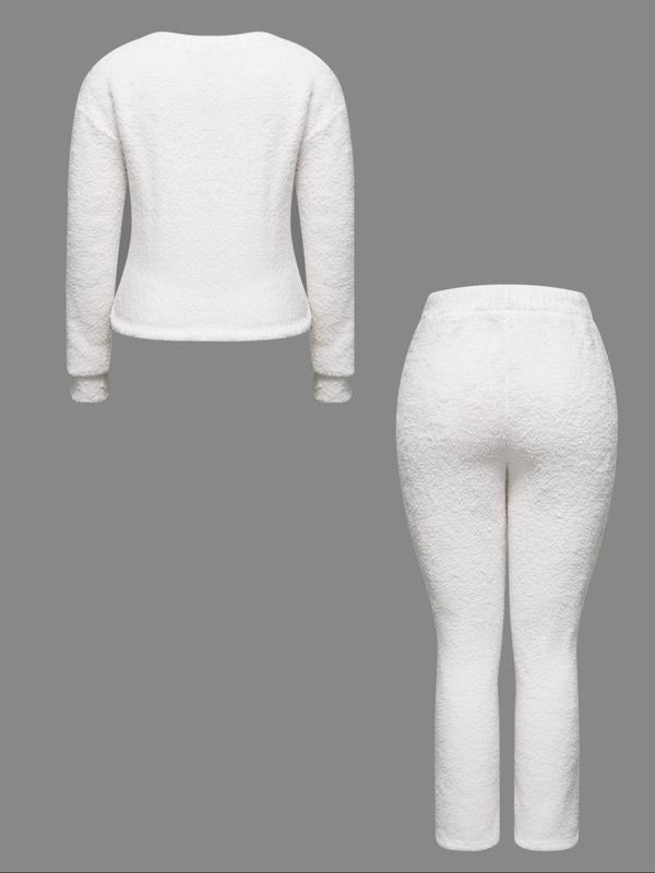 Ensemble deux pièces décontracté pour femme, haut à manches longues de couleur unie et pantalon large élastique, pyjama confortable et minimaliste à col rond