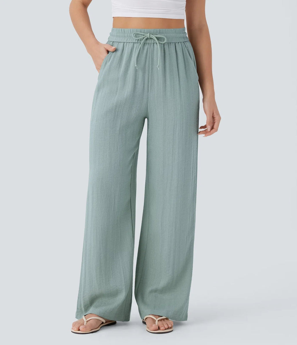 Pantalon ample taille haute en lin avec cordon de serrage et grandes poches