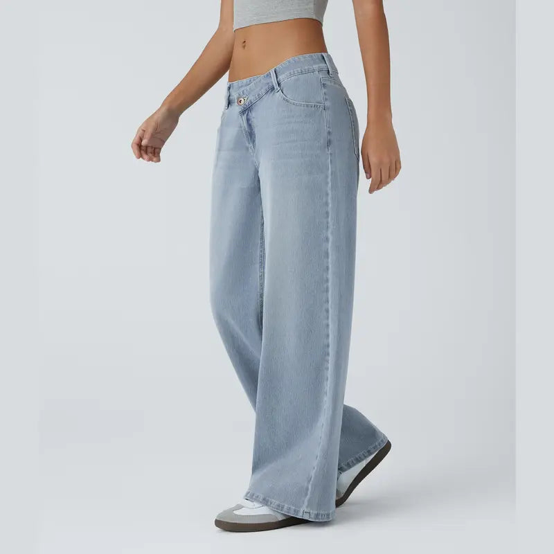 Jeans casual asimmetrici a vita bassa con tasche con cerniera, taglio ampio e slavato
