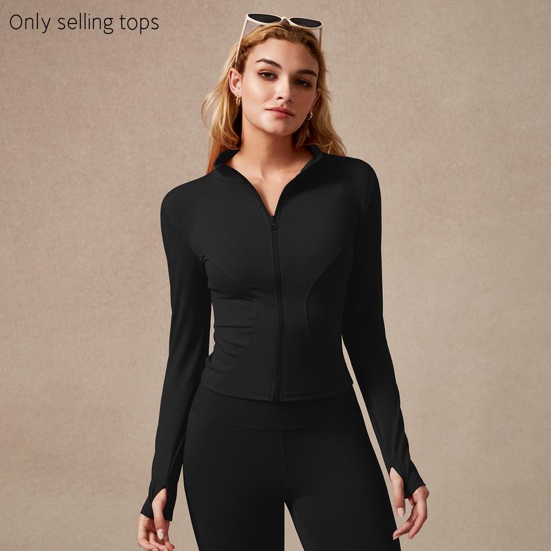 Giacca sportiva da donna con zip intera, maniche lunghe, vestibilità aderente, tessuto elasticizzato ad asciugatura rapida con fori per i pollici per corsa, yoga, palestra, allenamento, abbigliamento sportivo