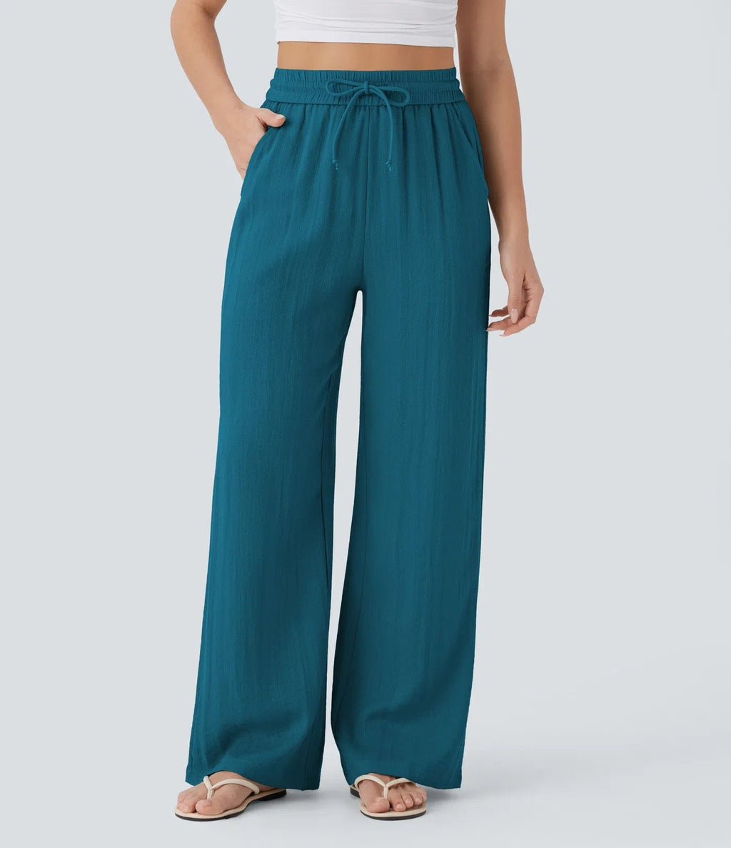 Pantalon ample taille haute en lin avec cordon de serrage et grandes poches