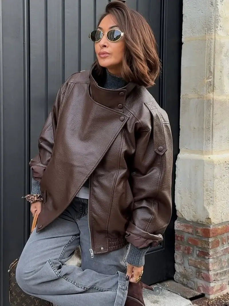 Giacca in Ecopelle Nera Collo Coreana Oversize Stile Moto Biker Orlo Elasticizzato Streetwear Casual Maniche Lunghe Impermeabile Antivento Capispalla per Primavera & Autunno, Abbigliamento Donna per Tutti i Giorni
