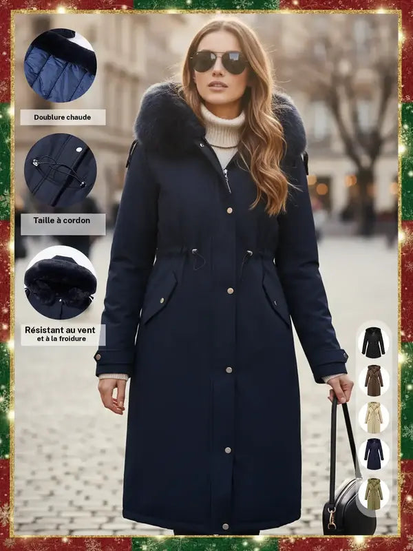 Manteau parka mi-long chaud et tendance pour femme automne-hiver, col en fausse fourrure, ceinture à cordon de serrage à la taille, coupe-vent, imperméable, résistant au froid