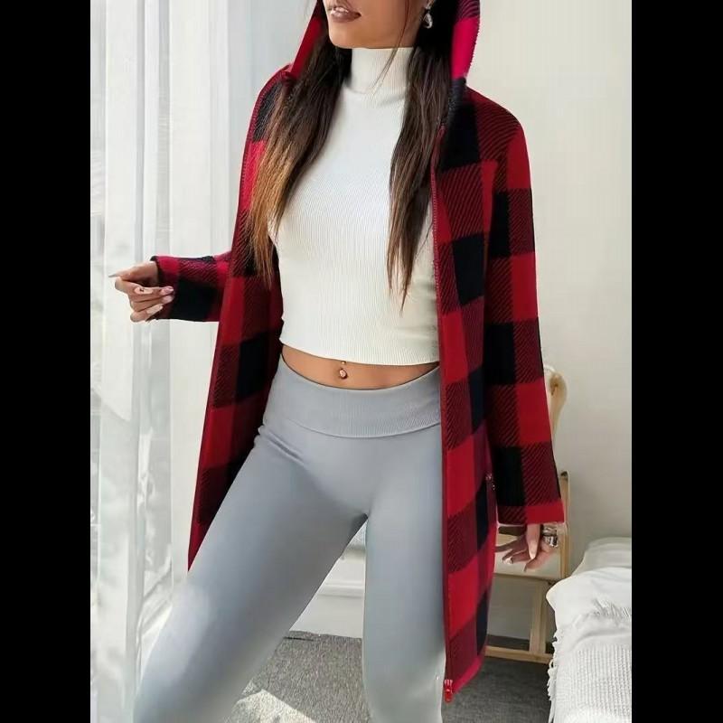 Sweat à capuche zippé en plaid et bordure duveteuse pour femme, décontracté automne/hiver