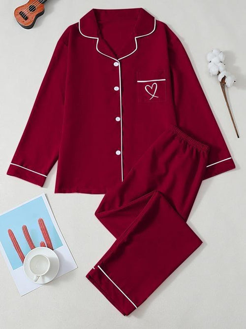 Nuovi Pigiama Set da Donna Tinta Unita con Ricamo a Cuore, Casual, Manica Lunga, Scollo a Lapel, Comodo Abbigliamento da Notte, Loungewear