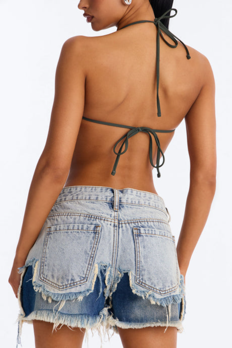 Short en jean décontracté à franges et patchwork pour femme