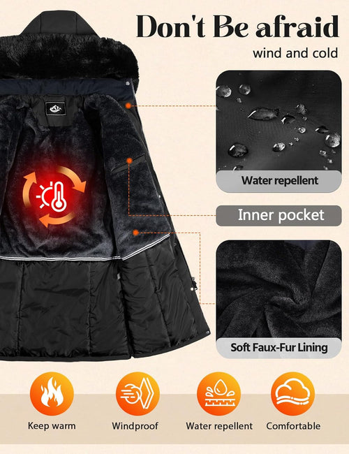 Cappotti Lunghi Invernali da Donna Foderati in Pile Caldi, Giacca Lunga da Donna, Cappotto Parka Antivento Idrorepellente con Chiusura a Cerniera e Bottoni, Coulisse in Vita, con Tasche e Cappuccio Rimovibile