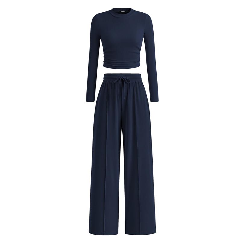 Ensemble de salon assorti 2 pièces en tricot côtelé : haut court à manches longues et pantalon large