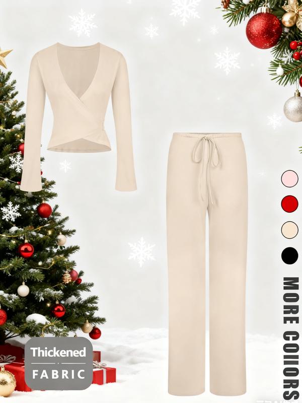 Completo a Maniche Lunghe con Top a V e Pantaloni, Sexy, per le Feste di Natale, Vestibilità Aderente, Tinta Unita, Stile Primavera & Autunno