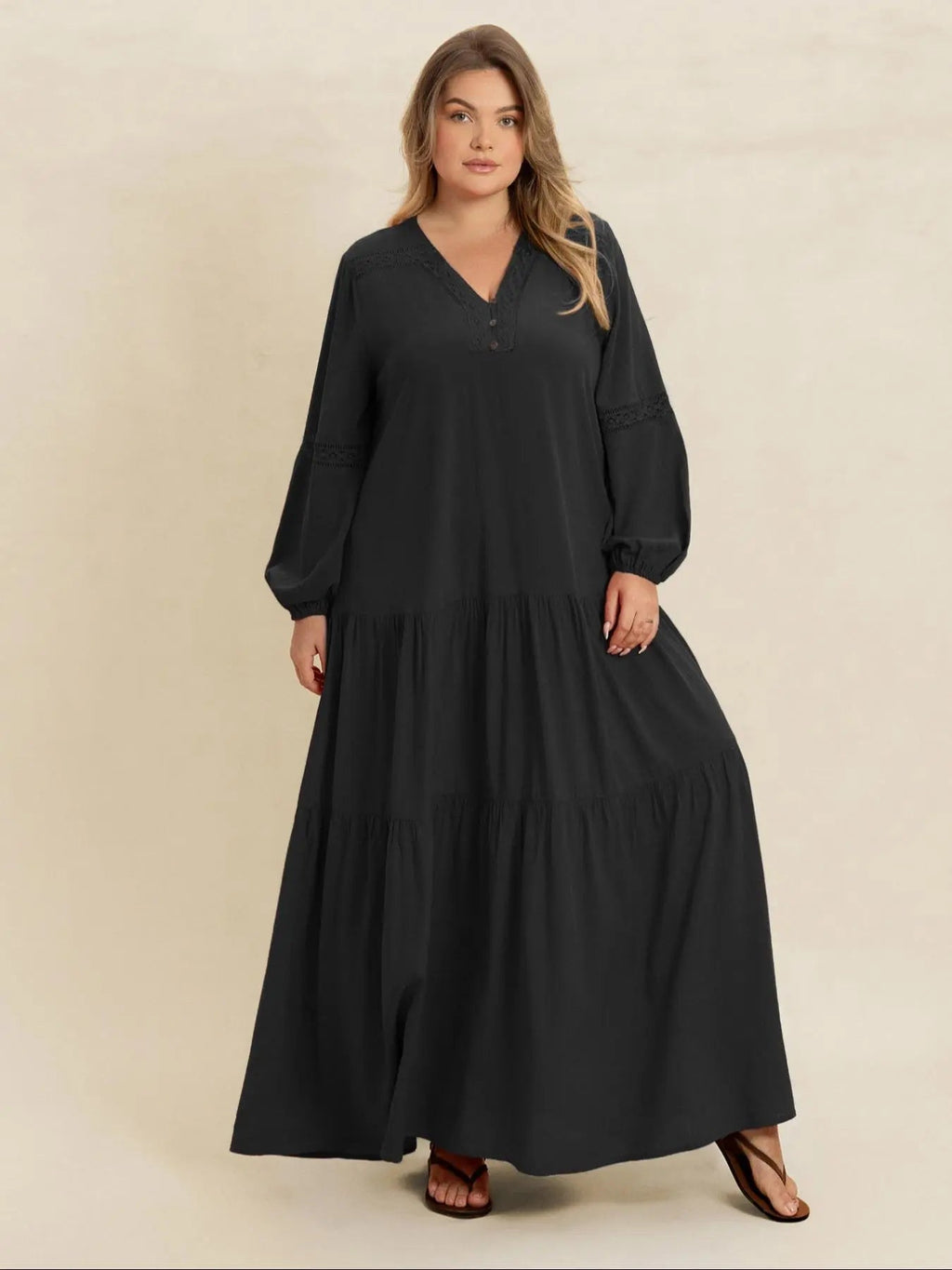[Grande Taille] Robe longue unie à manches longues et col en V, Robe bohème modeste pour les vacances, les tenues quotidiennes, Vêtements grande taille pour femmes pour toutes les saisons