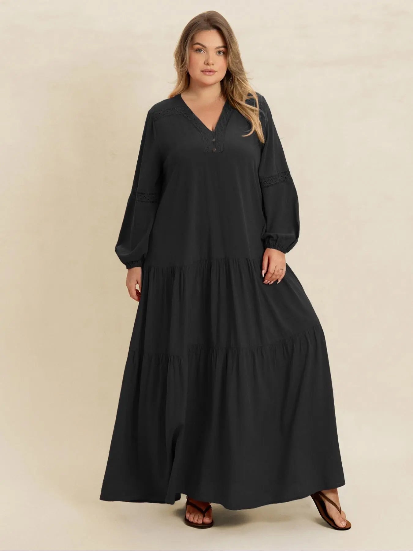 [Grande Taille] Robe longue unie à manches longues et col en V, Robe bohème modeste pour les vacances, les tenues quotidiennes, Vêtements grande taille pour femmes pour toutes les saisons