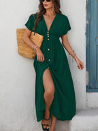 Robe boutonnée unie à manches courtes pour femme, pièce élégante, robe chic pour fête, vacances, invitée de mariage, vêtements d'été pour femme