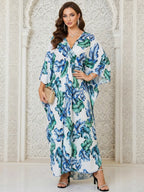 Robe Kaftan fendue à manches chauve-souris et imprimé léopard pour femme, style décontracté et modeste, col en V, manches 3/4, longue robe pour l'automne et l'hiver, vêtements islamiques pour femme pour usage quotidien