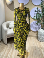 Elegant Women's Striped Pleated Long Sleeve Bodycon Maxi Prom Dress