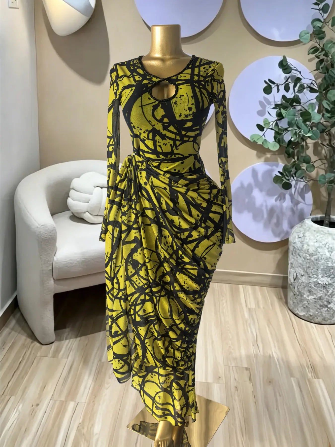 Elegant Women's Striped Pleated Long Sleeve Bodycon Maxi Prom Dress
