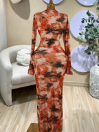 Elegant Women's All Over Print Long Sleeve Ruched Long Prom Dress