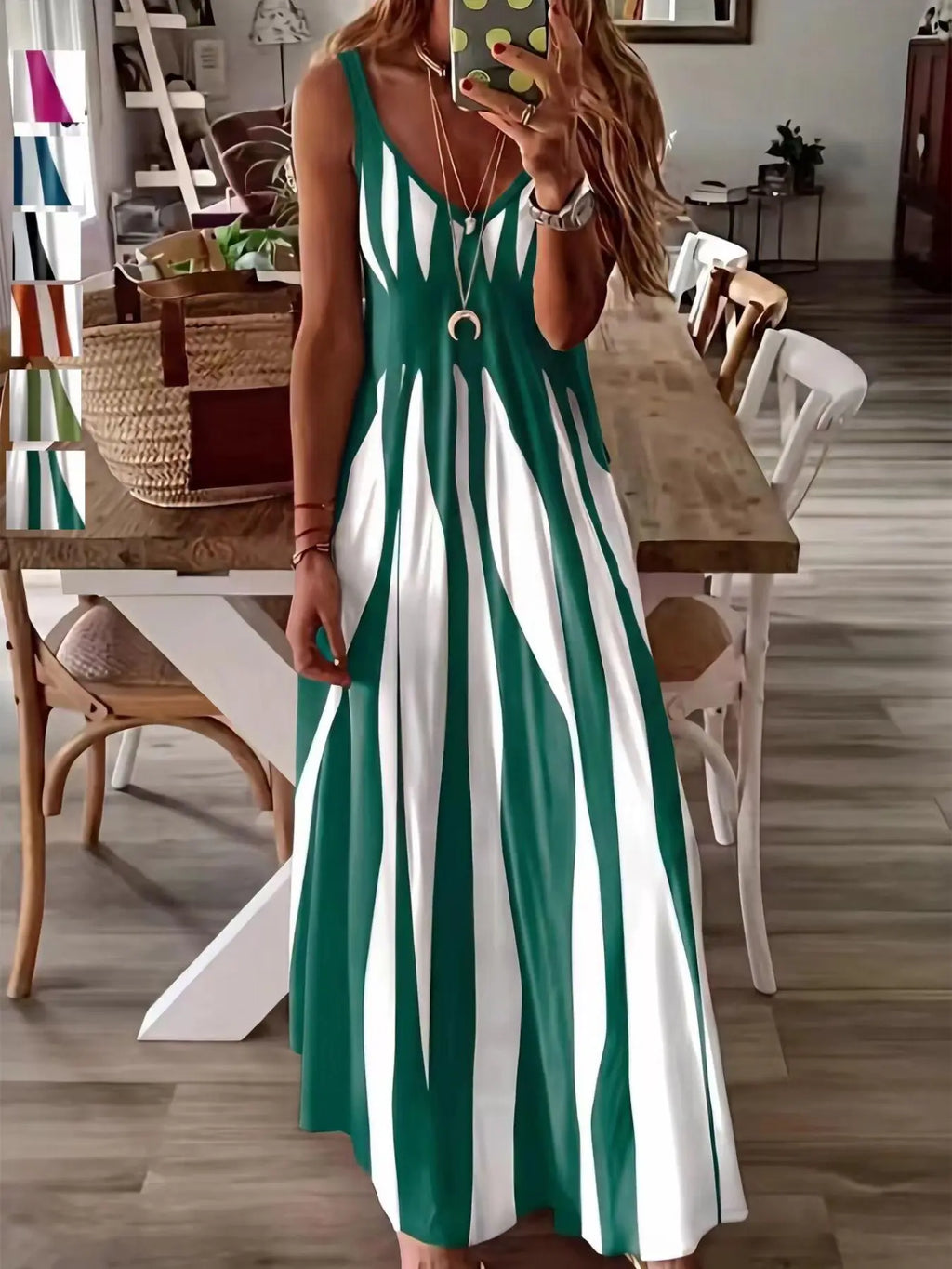 Women's Casual Sleeveless Striped V-Neck Long Dress