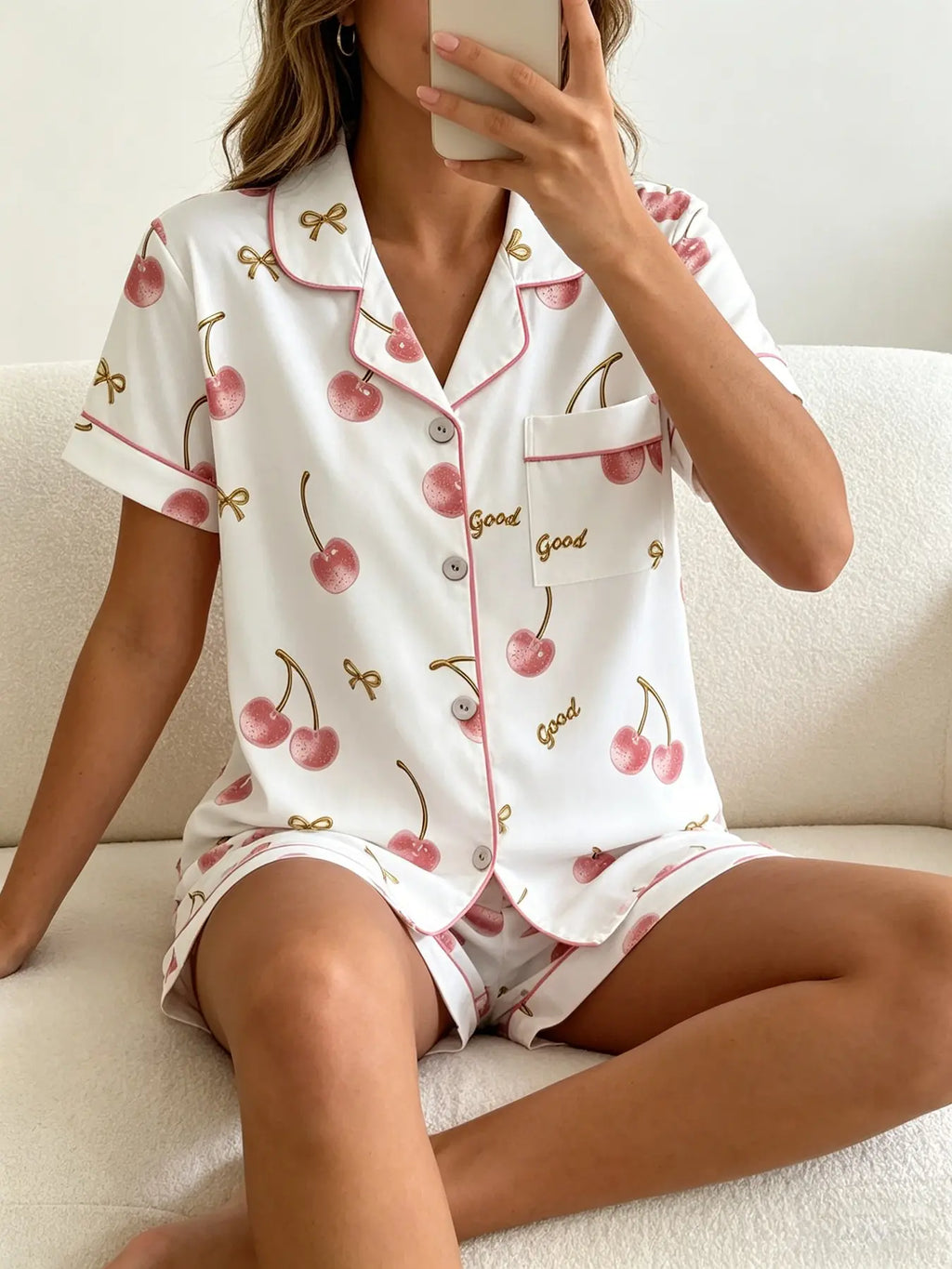 Women's Short Sleeve Button Down Top and Shorts Pajama Set, Spring Summer Wear