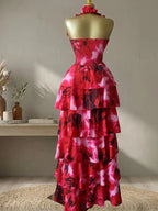 Women's Floral Print Layered Ruffle Midi Maxi Dress