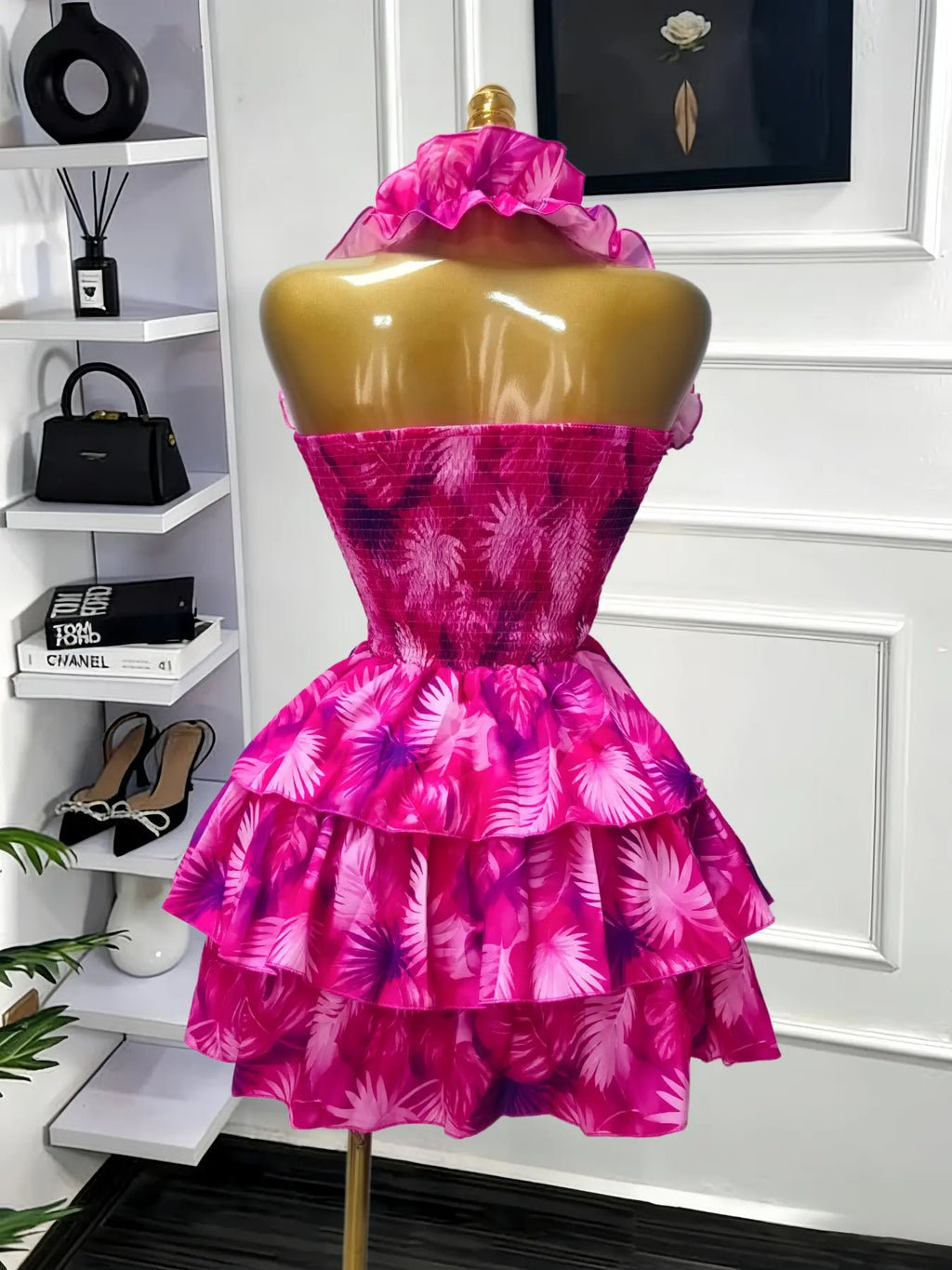Women's Floral Print Backless Strapless Layered Ruffle Mini Dress