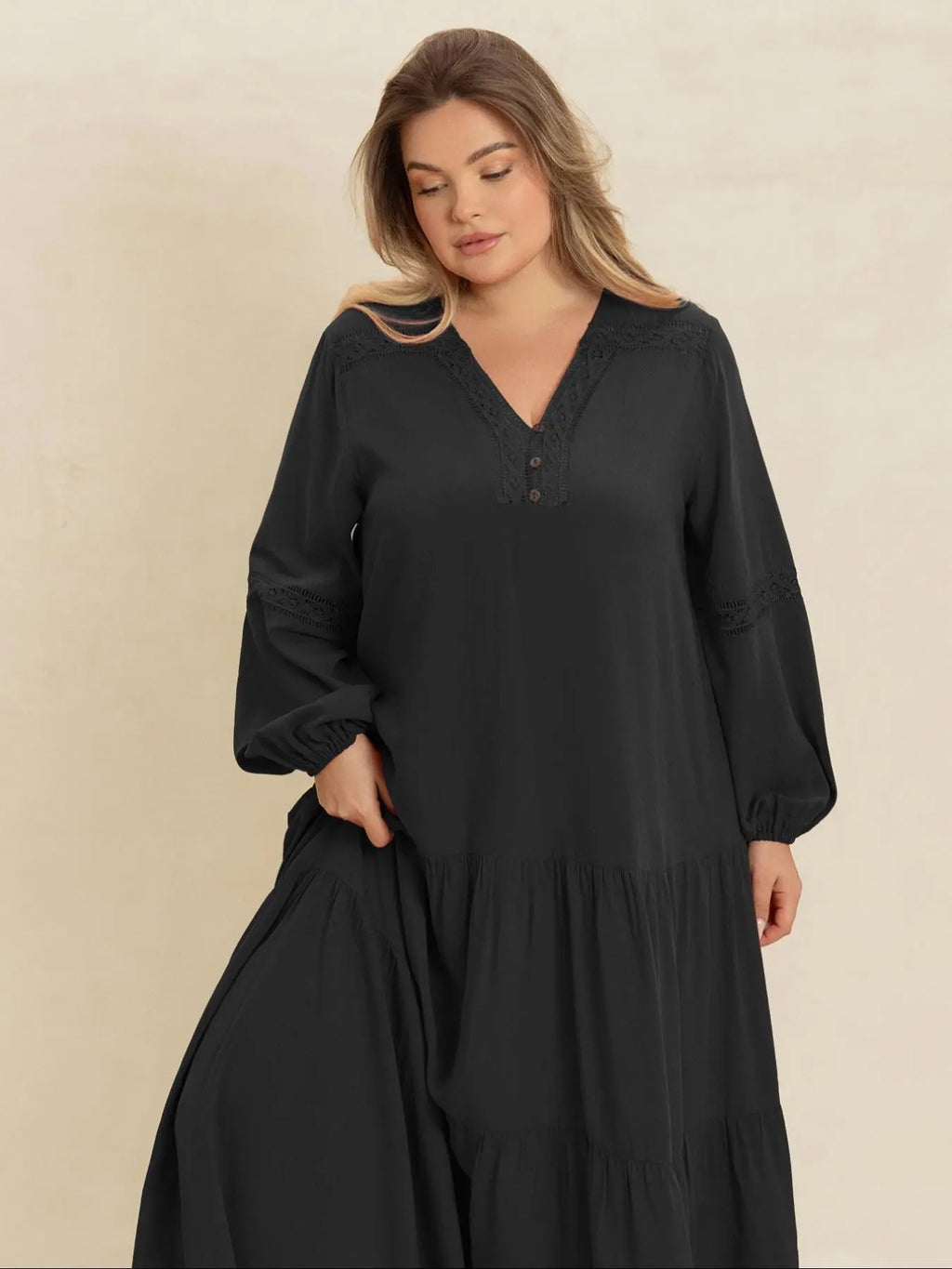【Grande taille】 Robe longue unie à col en V et manches longues, Robe bohème modeste pour le quotidien, les vacances et les voyages, Vêtements grande taille pour femmes toutes saisons