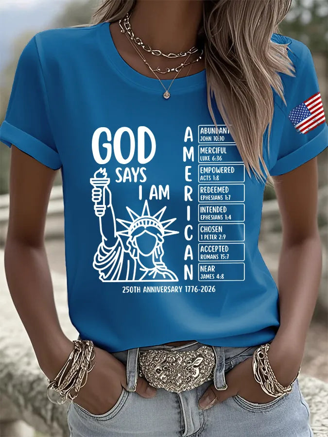 T-Shirt Stampa Retro God Says I Am American 250th Anniversary