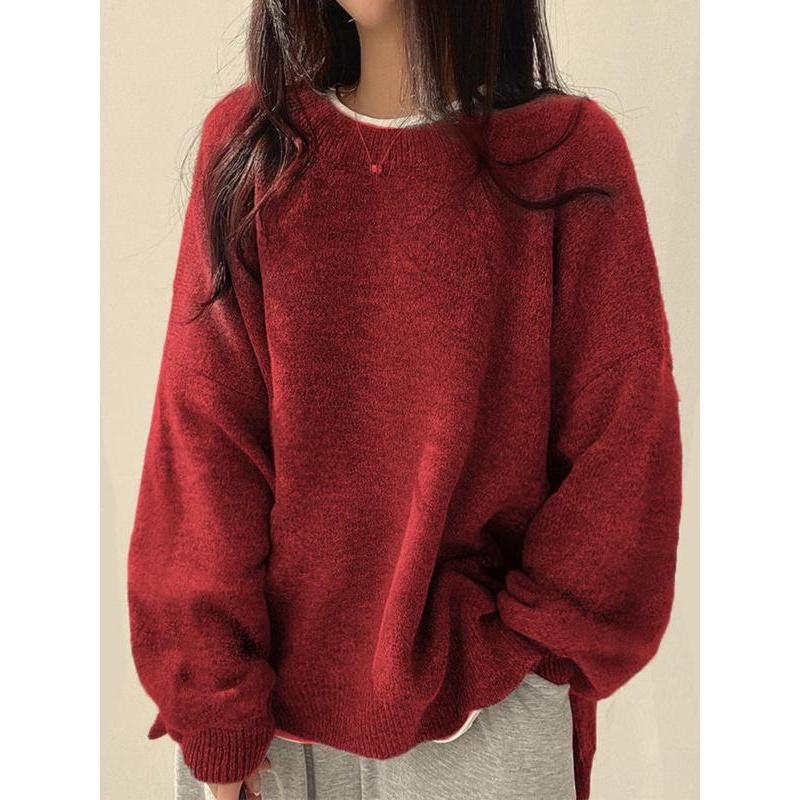 Pull femme à épaules tombantes et ourlet fendu, Pull décontracté à manches longues et col rond, Haut tricoté pour femme pour l'automne et l'hiver, Pulls pour femme
