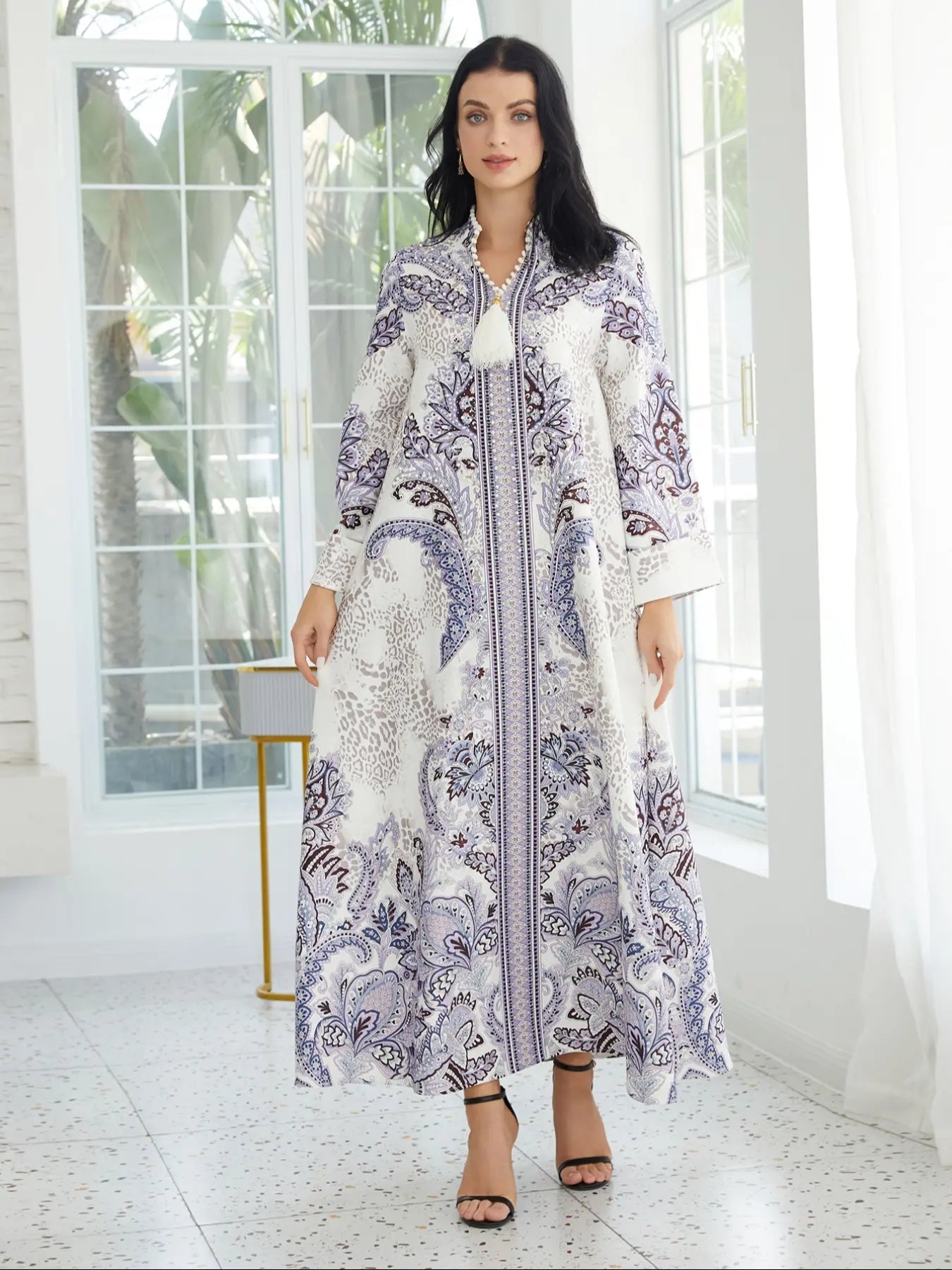 Vestito Lungo da Donna Scollo a V, Jalabiya A-line Vestibilità Morbida per Tutte le Stagioni, Morbido Tessuto Elasticizzato 75D, Elegante Abbigliamento Arabo