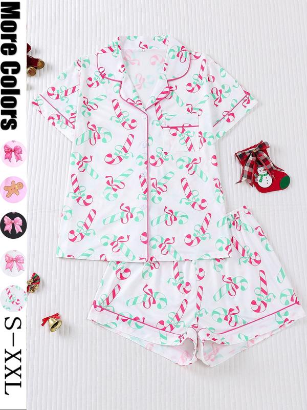Ensemble pyjama de Noël pour femme, imprimé biscuits de Père Noël, haut boutonnée à manches courtes et short élastique, vêtements de nuit décontractés toutes saisons, pyjama de Noël, vêtements d'intérieur