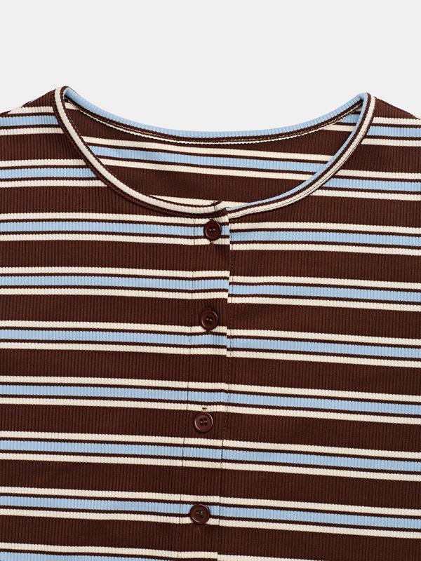 Ensemble top manches longues rayé colorblock décontracté et pantalon coupe ample pour femme, parfait pour les vacances, les trajets quotidiens, le quotidien.