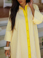 Elegante Abito Camicia Donna Sciolto a Righe con Colletto e Bottoni sul Davanti
