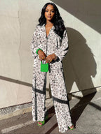 Ensemble deux pièces chemise unie boutonnée et pantalon taille élastique pour femme