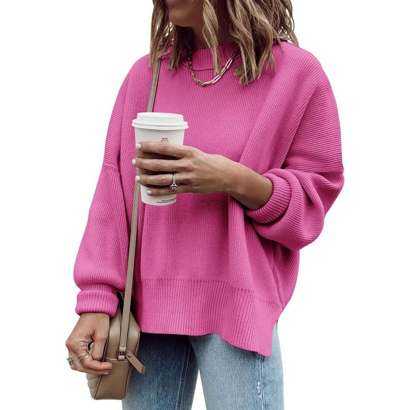 Pull Tunique Oversize Femme, Ample, Manches Longues, Tricot Côtelé, Fentes Latérales