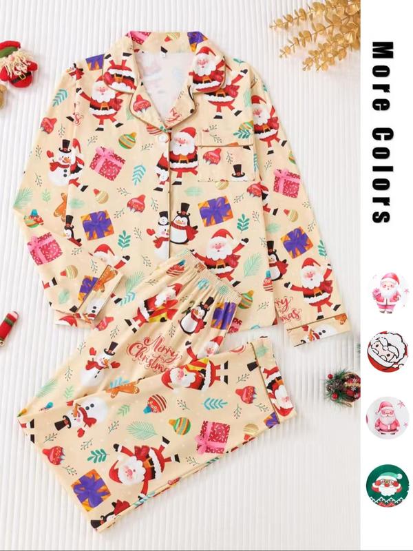 Ensemble deux pièces de pyjama pour femme, imprimé de Noël, avec chemise boutonnée à poche et pantalon à taille élastique, pyjama décontracté et confortable avec haut à manches longues et col, ensemble de pyjama pour femme, pour le printemps et l'automne