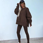 Ensemble deux pièces oversize pour femme - Sweat-shirt à ourlet fendu et pantalon skinny, pull décontracté à col rond et manches longues, vêtements pour femme pour l'automne et costumes d'hiver basiques, Gamis pour femme