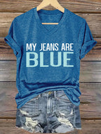 🔥Compra 3 e ottieni il 15% di sconto🔥T-shirt retrò con scollo a V stampa My Jeans Are Blue