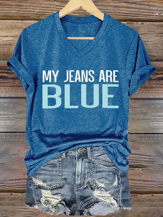 🔥Compra 3 e ottieni il 15% di sconto🔥T-shirt retrò con scollo a V stampa My Jeans Are Blue